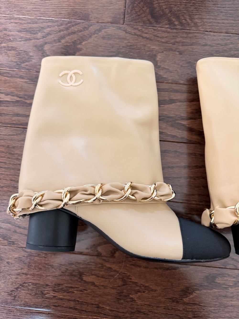 CHANEL Beige Leather Mid-Calf Boots with Black Cap Toe & Gold Chain - Picture 4 of 9